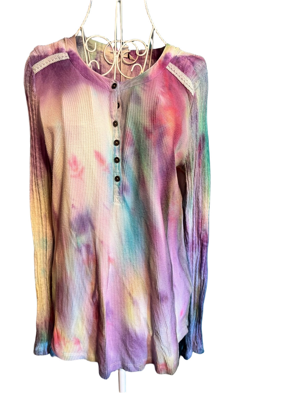 Tie-Dye Waffle Knit Henley Top in Pastel Rainbow